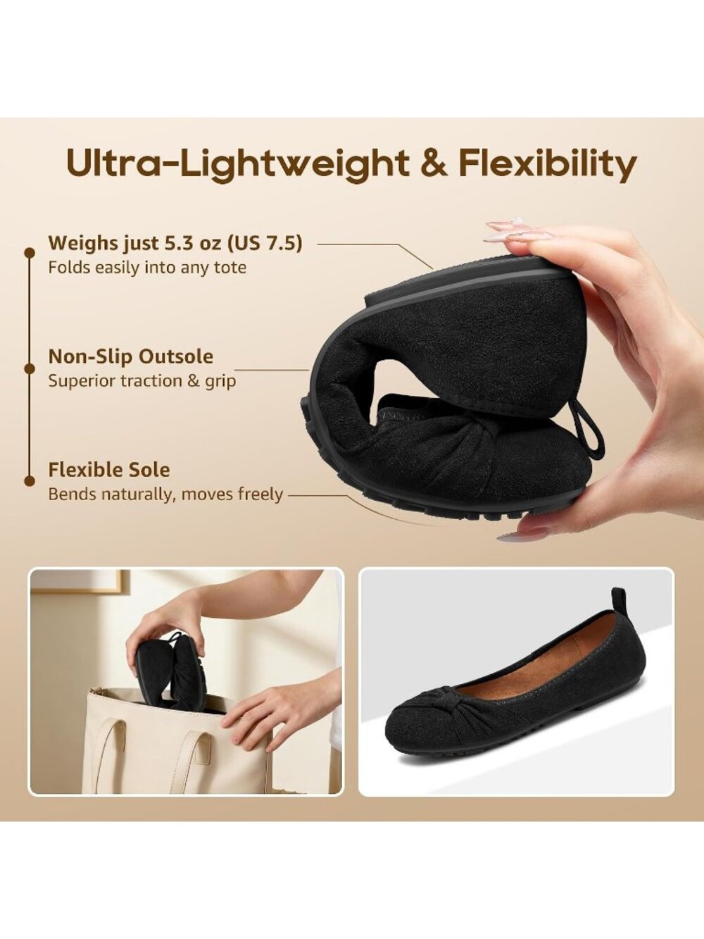 Women's Black Ballet Flats Cushioned Foldable Slip On Work Comfort Dressy Shoes - Picture 5 of 6